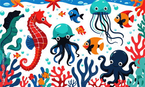 A colorful set of underwater marine life in a modern vector style, easily scalable and editable.