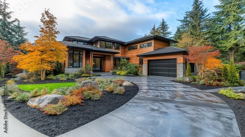 Autumnal view of a modern, two-story house with a large driveway and landscaped yard