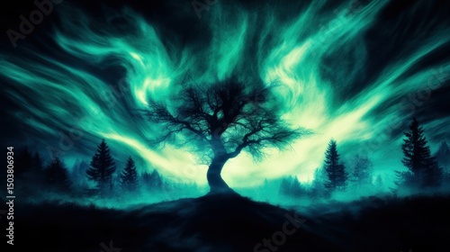 Mysterious Teal Aurora Borealis Over Silhouetted Tree in Misty Forest at Night