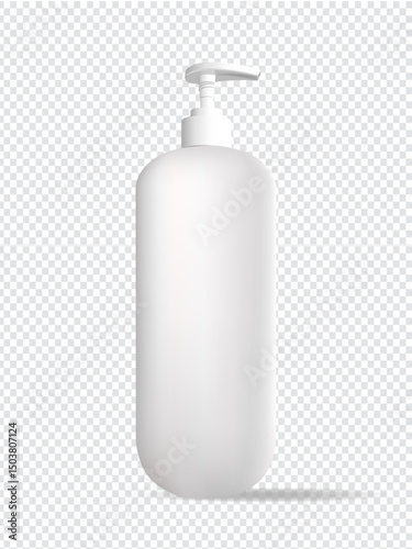 Blank white plastic pump bottle mockup, isolated, 3d rendering. Empty face or body fluid can with dispenser mock up, front view. Clear pomp jar for antiseptic soap mokcup template.