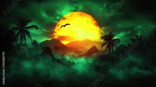Mysterious Tropical Sunset: Dark Green Landscape with Yellow Sun and Silhouetted Bird