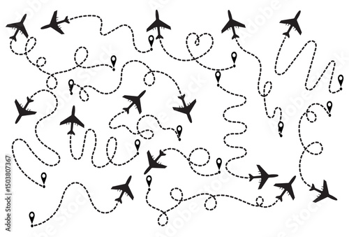 Airplane Flight Path Vector Background – Dotted Travel Route Icons