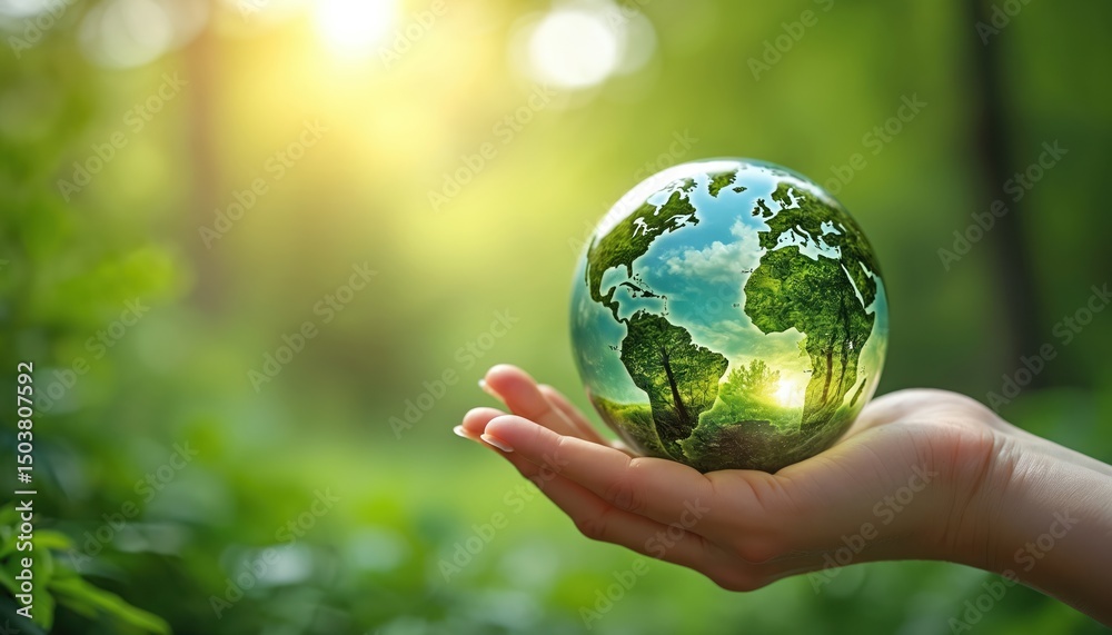 Hand holds glass sphere with green trees, blue sky, reflection. Earth day, eco concept. Ecology, environment, nature protection. Sustainable tech, green energy, global awareness, renewable power. Hand holds glass sphere with green trees, blue sky, reflection. Earth day, eco concept. Ecology, environment, nature protection. Sustainable tech, green energy, global awareness, renewable power.