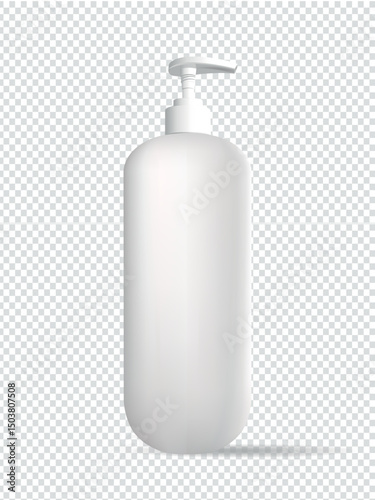 Blank white plastic pump bottle mockup, isolated, 3d rendering. Empty face or body fluid can with dispenser mock up, front view. Clear pomp jar for antiseptic soap mokcup template., bottle