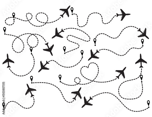 Airplane Flight Path Vector Background – Dotted Travel Route Icons