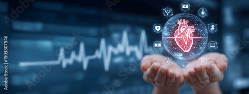 Futuristic Heart Health Technology Concept with Holographic ECG and Medical Diagnostics

