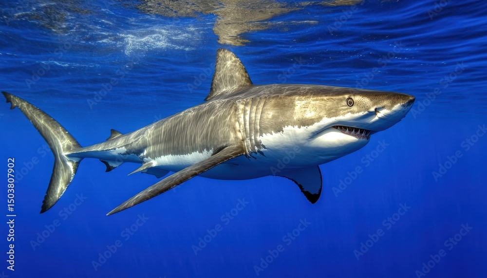 Fototapeta premium 대양의 포식자: 백상아리 수중 촬영
