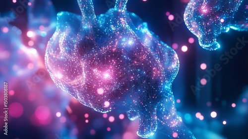 Abstract rendering of interconnected nodes in blue and pink with glowing particles around them