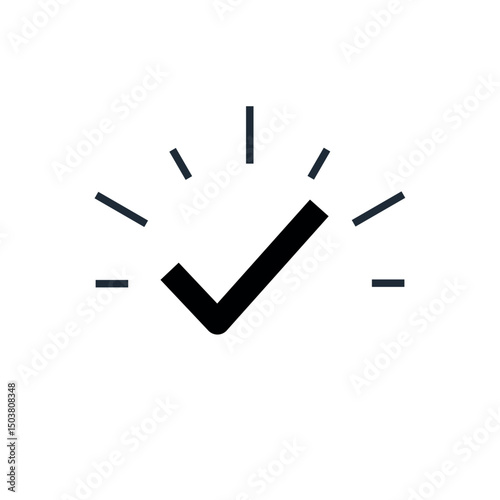 Tick ​​with glitter. Excellent, great, success. Vector linear icon illustration on white background.