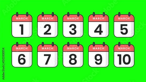 Animated flat design calendar icons displaying the first ten days of March. Animation to highlight specific dates, create countdowns, or visually represent timelines.