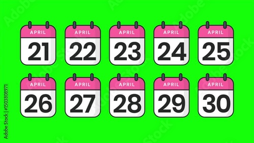 Animated sequence of cartoon calendar icons displaying the dates from April 21st to April 30th on a green screen background.