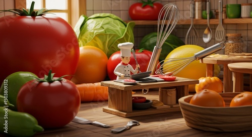 Fototapeta Naklejka Na Ścianę i Meble -  Miniature chef figurine cooking among oversized fruits and vegetables display whimsical charm