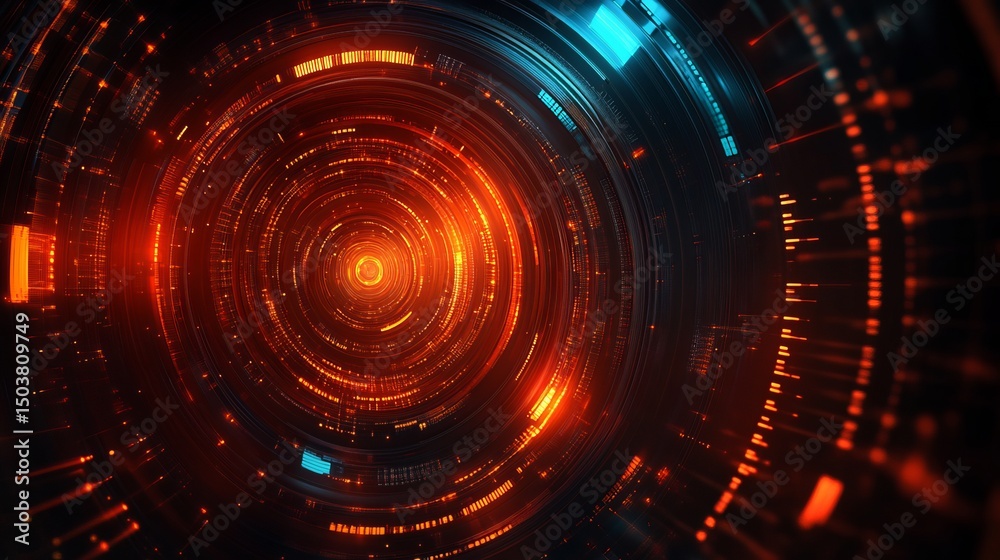 Obraz premium Abstract glowing tunnel with orange and blue lights and circular geometric patterns visible inside
