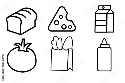 3d outline icon of Grocery shopping essentials set with bread, tomato, milk bag, cheese, vegetable in shopping bag.