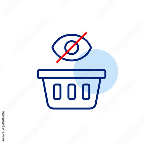 Vector icon of shopping basket with crossed-out eye, symbolizing hidden purchases, private shopping, or invisible cart activity. Ideal for e-commerce apps, privacy settings, and retail platforms