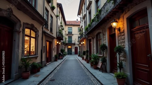 Narrow cobblestone street lined with vintage buildings at dusk  