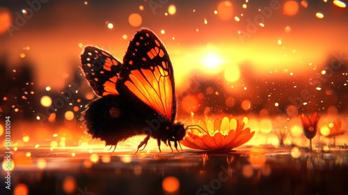 Orange Butterfly on Flower at Sunset, Warm Bokeh Lighting