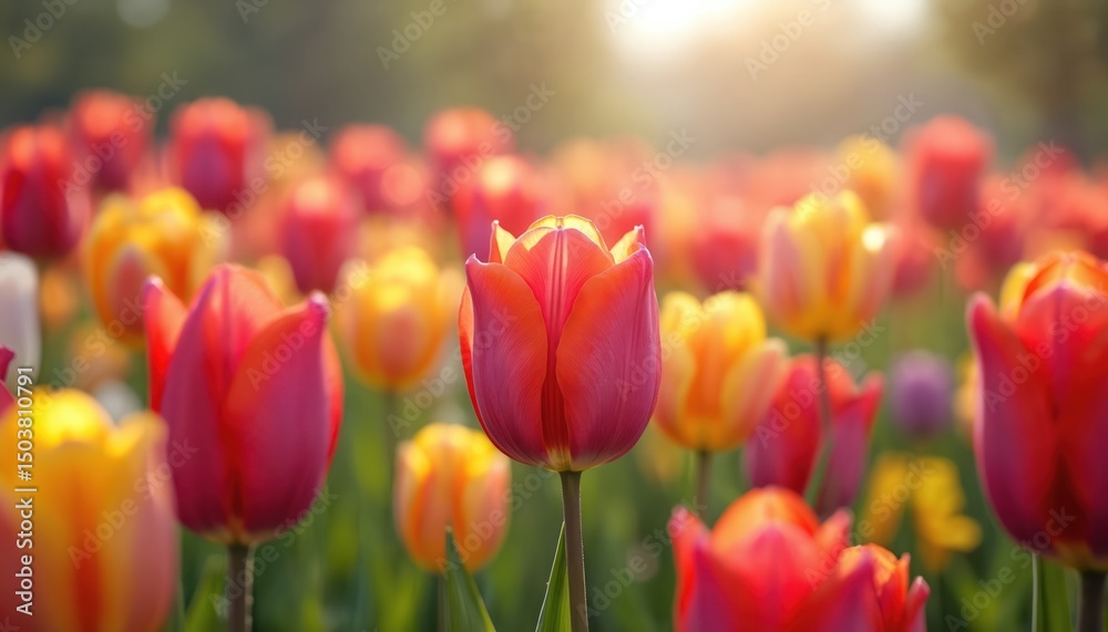 Obraz premium Vibrant field of blooming tulips in spring. Red and yellow flowers with green stems, sunlight flares. Nature background, vibrant colours creates cheerful mood. Springtime, fresh air, joy and growth.