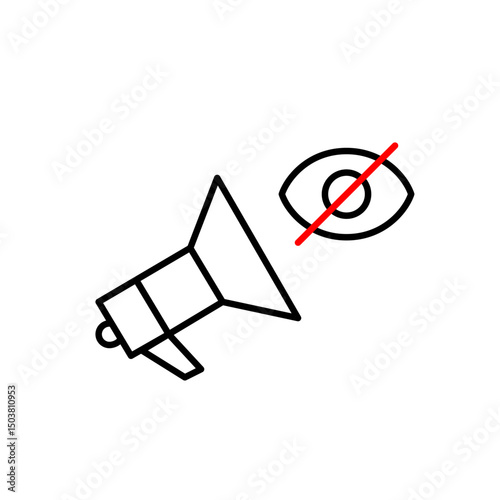 Vector icon of megaphone with crossed-out eye, symbolizing muted announcements, hidden alerts, or silent notifications. Ideal for communication apps, privacy settings, and notification controls