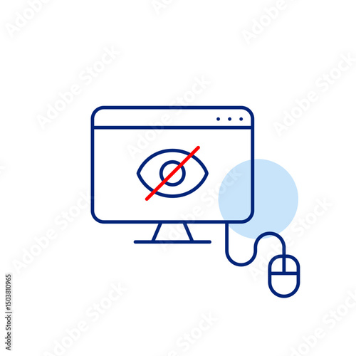 Vector icon of computer and mouse with crossed-out eye on screen, symbolizing hidden activity, private browsing, or invisible monitoring. Ideal for cybersecurity apps, privacy tools, and IT