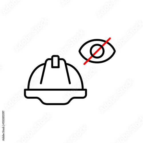 Vector icon of hard hat with crossed-out eye, representing concealed protection, invisible hazard warnings, or private industrial protocols. Ideal for workplace safety apps and platforms