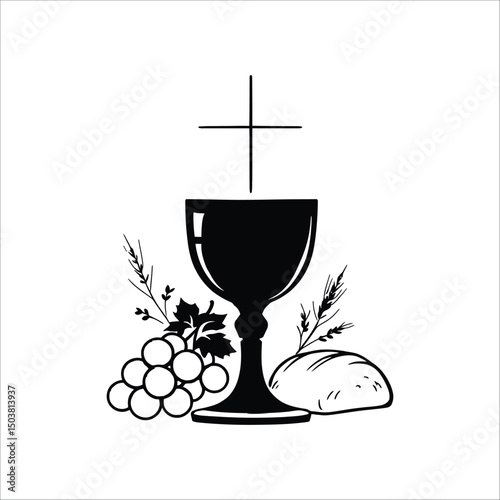 A chalice with grapes bread and a cross in black and white drawing vector illustration art
