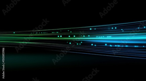 Abstract background with blue and green light trails and bokeh on a dark black backdrop
