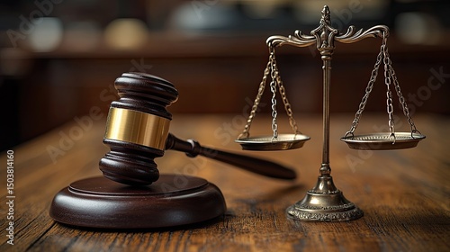 Justice scales and gavel on wooden table photo