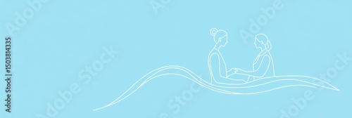 A clean vector-style line logo of a therapist counseling a client, designed with smooth curves, placed on a solid light blue background.