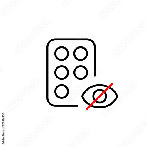 Vector icon of blister pack of pills with crossed-out eye, symbolizing hidden medication, private health data, or restricted access. Ideal for healthcare apps, pharmacy platforms, privacy settings