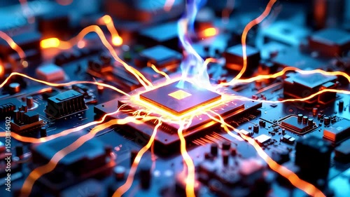 Microchip surrounded by electric arcs on a high tech lab table