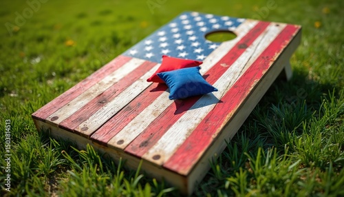 Cornhole game with American flag design. Red and blue bean bags on the wooden board. Green grass background. Summer fun activity, outdoor recreation. Perfect for 4th July celebration, family time.