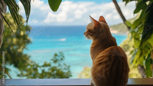 Ginger cat sitting on a ledge looking out at a tropical ocean view with lush green vegetation around it