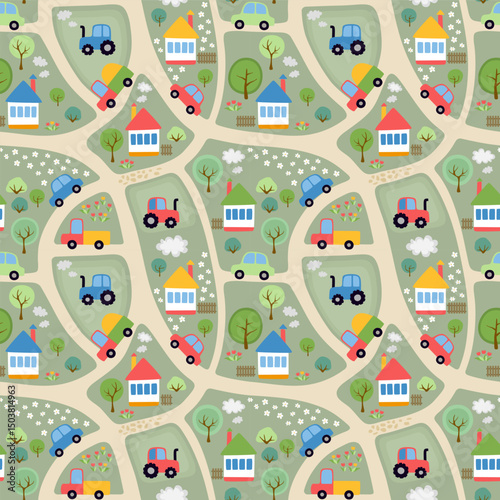 Seamless map for children's carpet, bed linen with crossroads, roads, trees, houses, cars, trucks and tractors in vector. Beautiful print for fabric for babies.