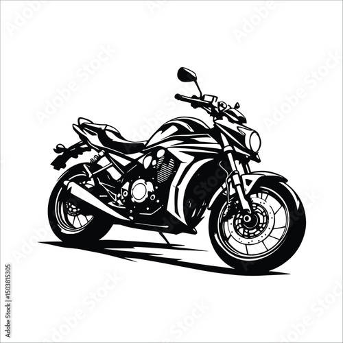 A black and white vector illustration of a motorcycle on a white background in high resolution