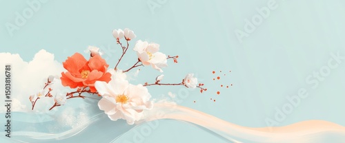 Pastel Peach and White Flower Blossom on Light Blue Wavy Background