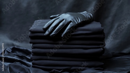 A black leather glove resting atop a neatly stacked pile of dark fabric on a draped background