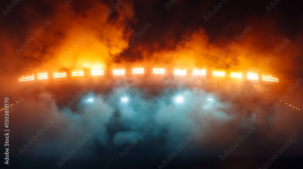 Fototapeta premium Stage lights on a dark blue background with smoke and spotlights.