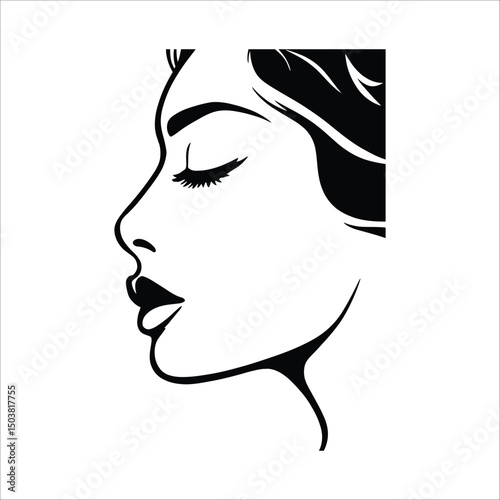 Elegant woman in profile with closed eyes and dark hair in a minimalist black and white illustration