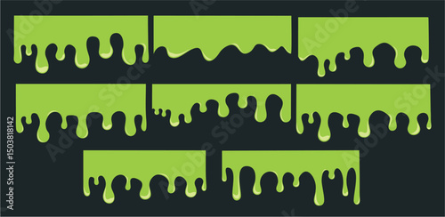 Green Slime Dripping Borders – Vector Design Set, Cartoon Slime Drips and Goo Elements Collection, Editable Slime Drip Borders, Vector Dripping Slime Frames – Green Goo Elements