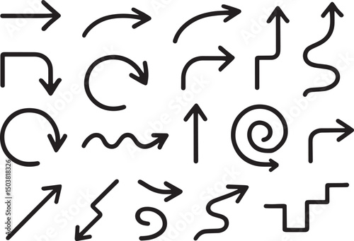 
Crayon arrow sketches collection - hand drawn doodle style pointers, curved lines, round swirls. Chaotic scribbling, artistic design elements set. Black grunge brush strokes isolated on white bg.