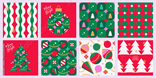 Set of Holiday Xmas seamless pattern with Christmas Tree, toys, snowflakes in trendy geometric style in red, green, pink, gold colors. Christmas design for season greetings, decor, print, promo