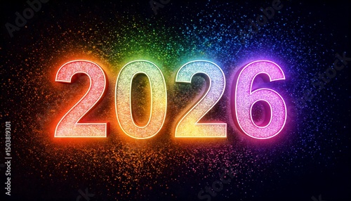 Festive illustration for happy new year 2026 with colorful numbers for the year 2026 over background full of particles of different colors
