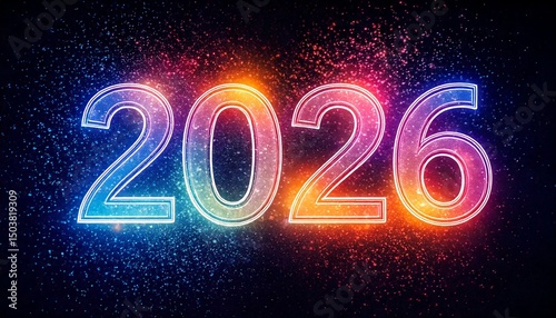 Festive illustration for happy new year 2026 with colorful numbers for the year 2026 over background full of particles of different colors
