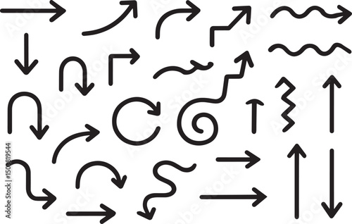 
Crayon arrow sketches collection - hand drawn doodle style pointers, curved lines, round swirls. Chaotic scribbling, artistic design elements set. Black grunge brush strokes isolated on white bg.