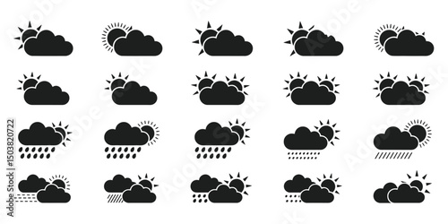 Black cloud weather icons vector illustration, depicting various conditions including sunny, rainy, snowy, stormy, great for meteorology and climate projects

