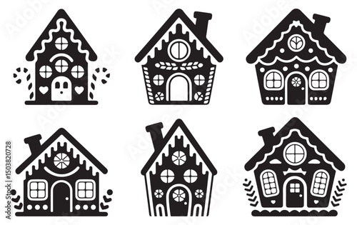  Set of Black Gingerbread House Silhouettes with Decorative Roofs and Windows, Ideal for Christmas, Holiday, and Winter Themed Designs