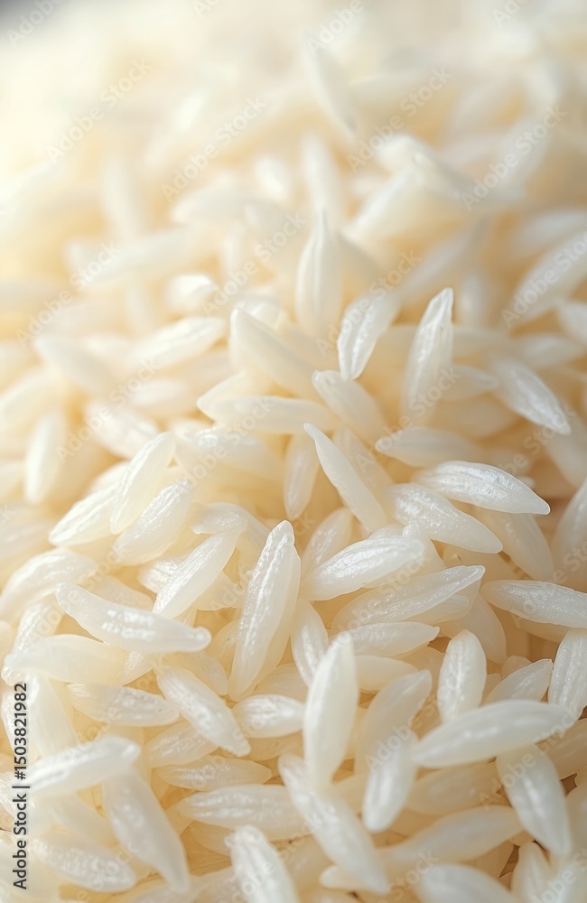 Fototapeta premium Macro shot of white rice grains, uncooked rice background. Healthy food concept. Ingredients for asian cuisine cooking, vegetarian meals. Nutrition, diet. White rice texture pattern.