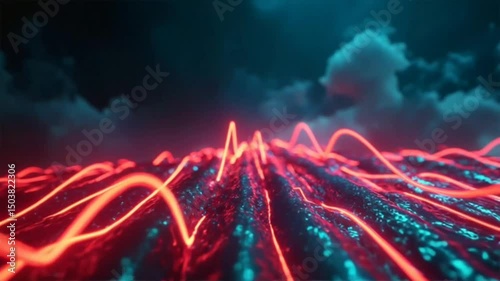 Glowing red lines snake across a dark, textured surface reminiscent of molten rock, set against a backdrop of teal clouds, creating a dramatic and visually striking scene.