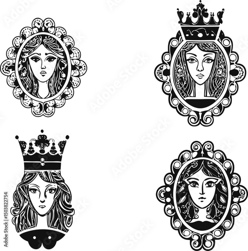 Black and White Illustration of Queen Portraits in Decorative Frames